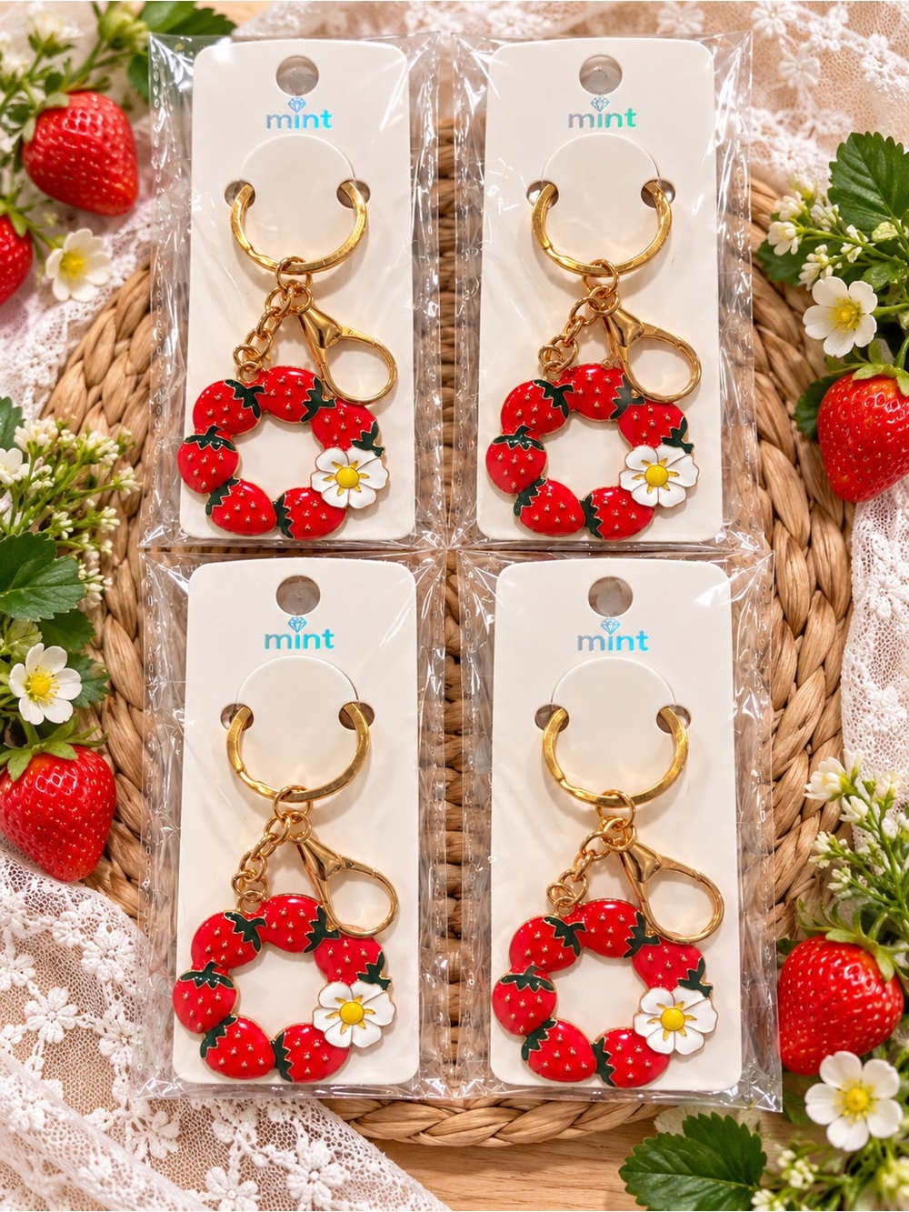 4 Red Strawberry Wreath  with Gold Hardware